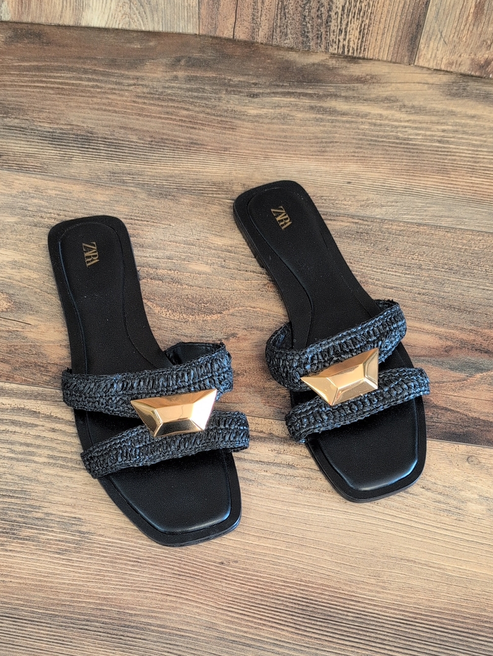 Zara Slip on Raffia Double-Strap Slides with Gold Geometric Accent 41 975A